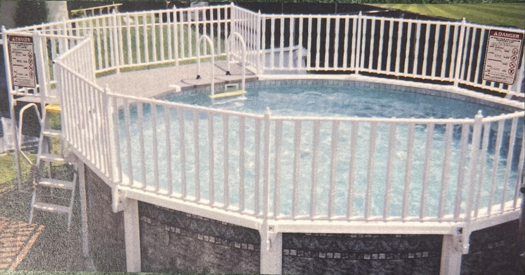 Dauntless with deck smaller - MGK Pools Inc Round Pool with a deck and fence combo