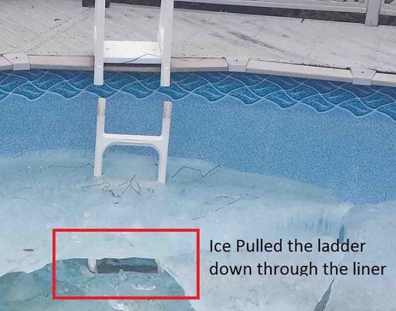 ladder-ice-above-ground-pool - MGK Pools Inc Ice pulling above ground pool ladder through the liner