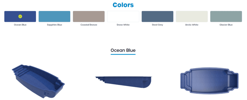 acapulco ocean blue 3 pack photo fiberglass pool - MGK Pools Inc Acapulco inground fiberglass pool with multi-angle photos and color palette