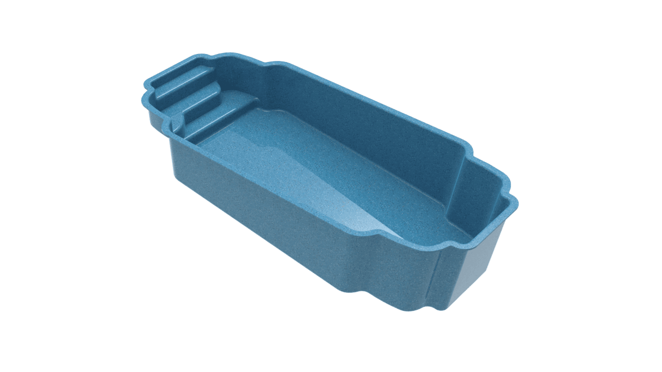 10x24-fiberglass-pool-Quabbin-render - MGK Pools Inc Blue plastic rectangular trough with a stepped, ribbed end for organizing small items.