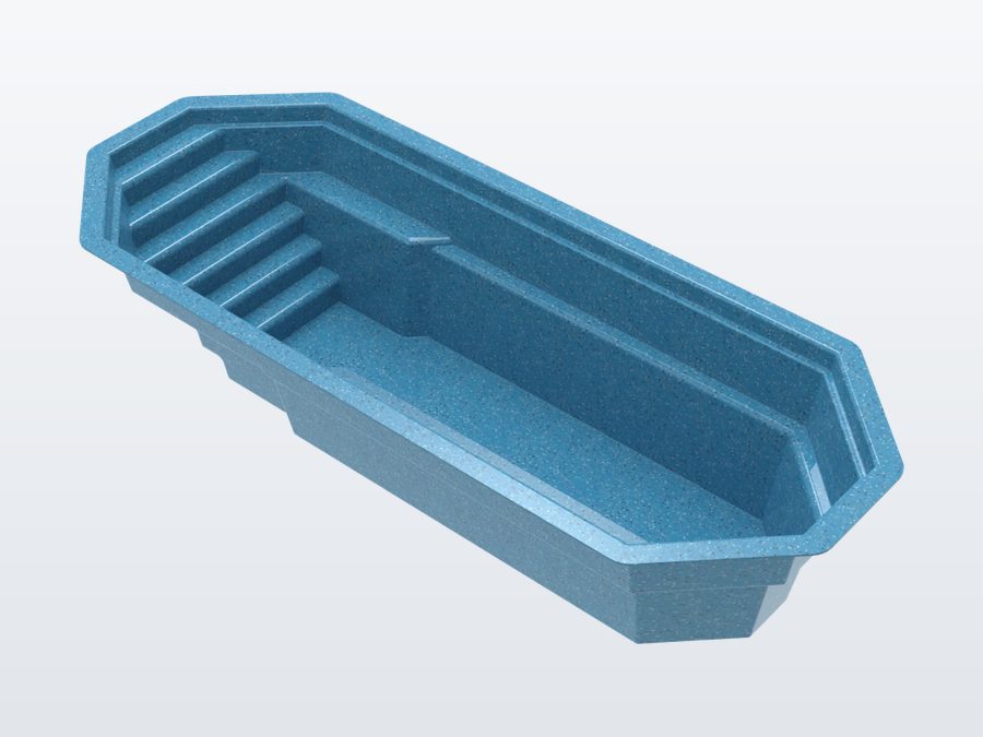 Sunfish 8'x20' fiberglass pool in Sapphire Blue - 3/4 view