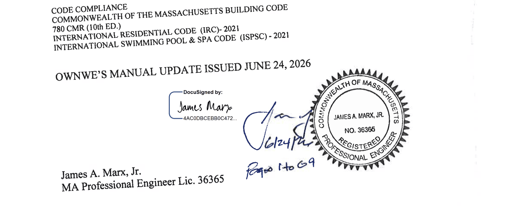 Massachusetts professional engineer stamp on the Aquasport 52 owner's manual update issued June 24, 2026