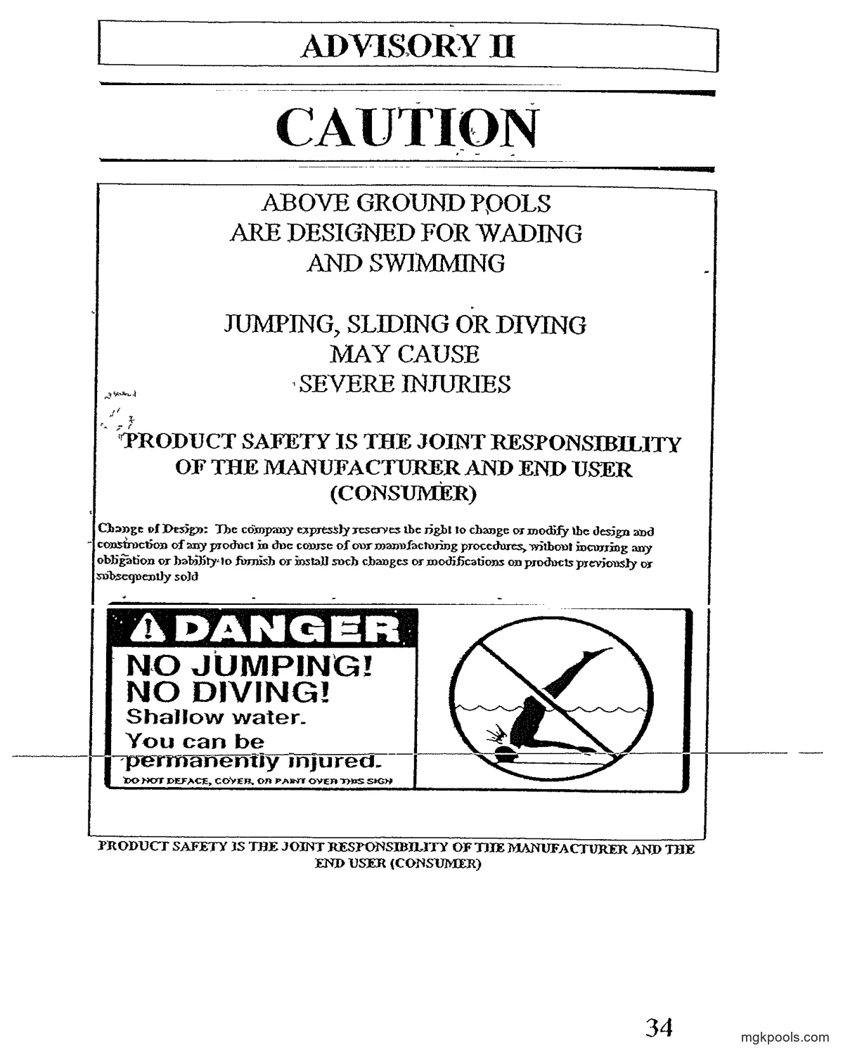 "DANGER NO JUMPING! NO DIVING!" label — black DANGER header with warning triangle at left, text panel, and at right a circle-and-slash pictogram of a person diving head first into shallow water and striking the bottom