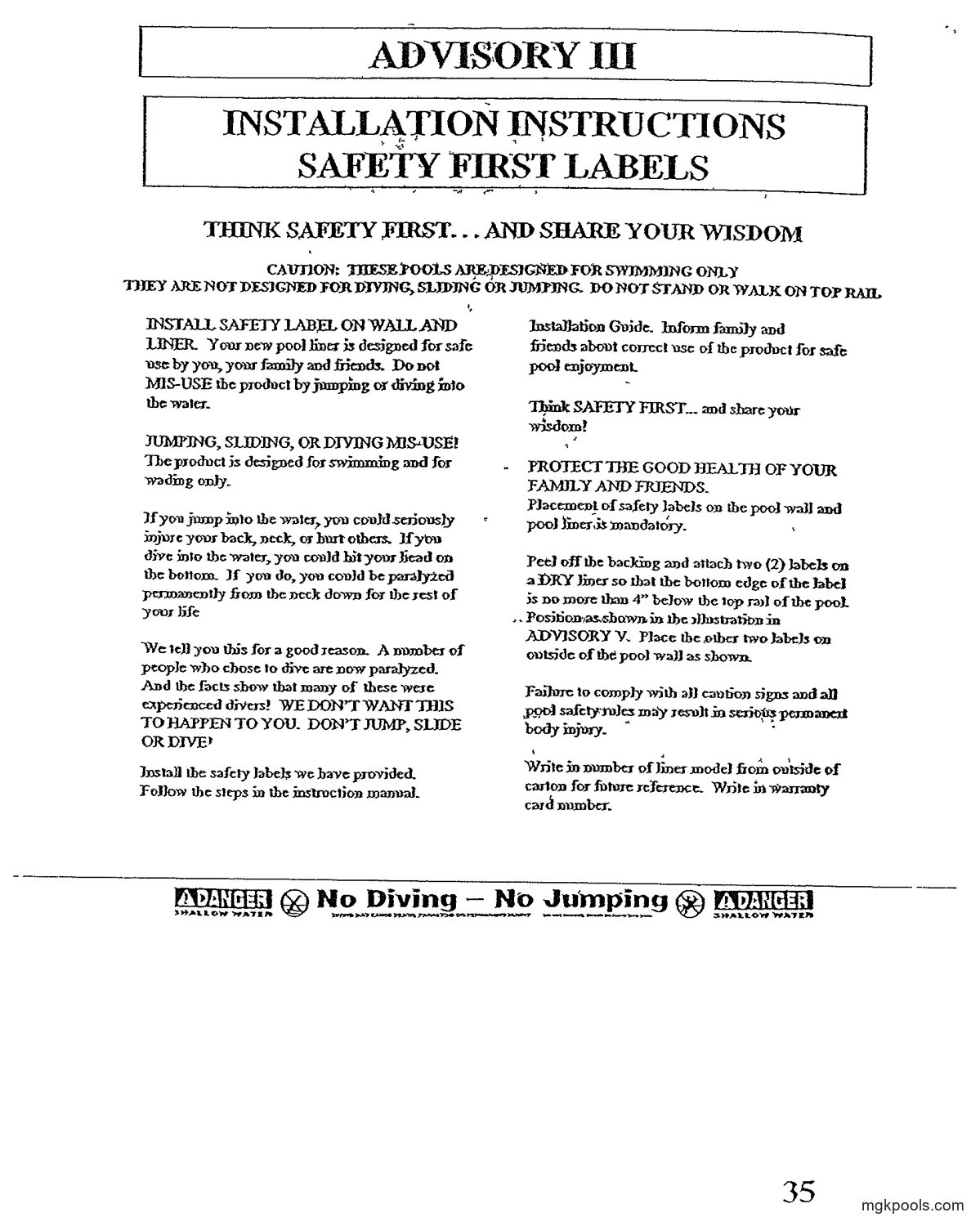 "DANGER SHALLOW WATER / No Diving – No Jumping" banner strip — a DANGER SHALLOW WATER block at each end, a circle-and-slash diver pictogram either side of the words, and two lines of fine print beneath the words