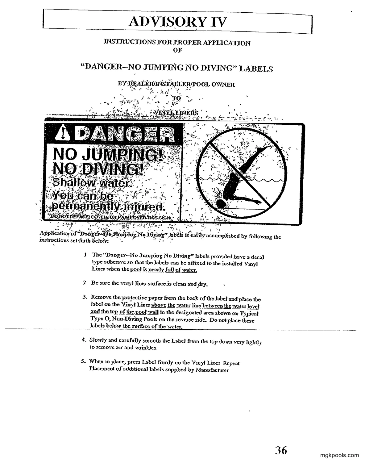 "DANGER NO JUMPING! NO DIVING!" label — black DANGER header with warning triangle, text panel, and circle-and-slash pictogram of a diver striking the bottom in shallow water