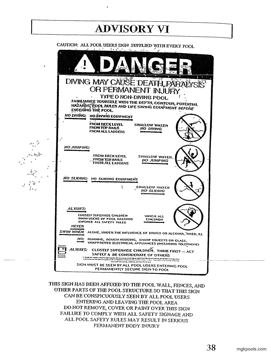"DANGER — DIVING MAY CAUSE DEATH, PARALYSIS OR PERMANENT INJURY" all-pool-users sign — tall sign with black DANGER header and warning triangle, four rows of rules each with a circle-and-slash pictogram at right (diver striking bottom; person jumping; person sliding; child in water), a small square pictogram at lower left, and footer lines