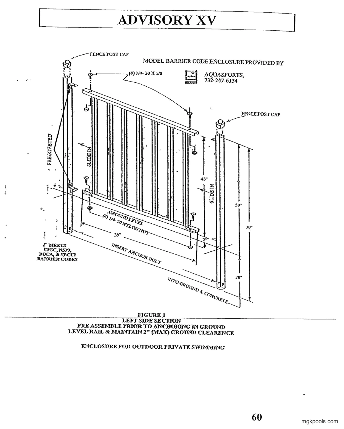 "FIGURE 1 LEFT SIDE SECTION". Isometric drawing of one fence section: two square fence posts with caps, a top rail and bottom rail that slide into the posts, vertical pickets between them, anchor bolts at the rail ends, dimension lines for post height and depth into the ground, and an Aquasports logo beside the heading.