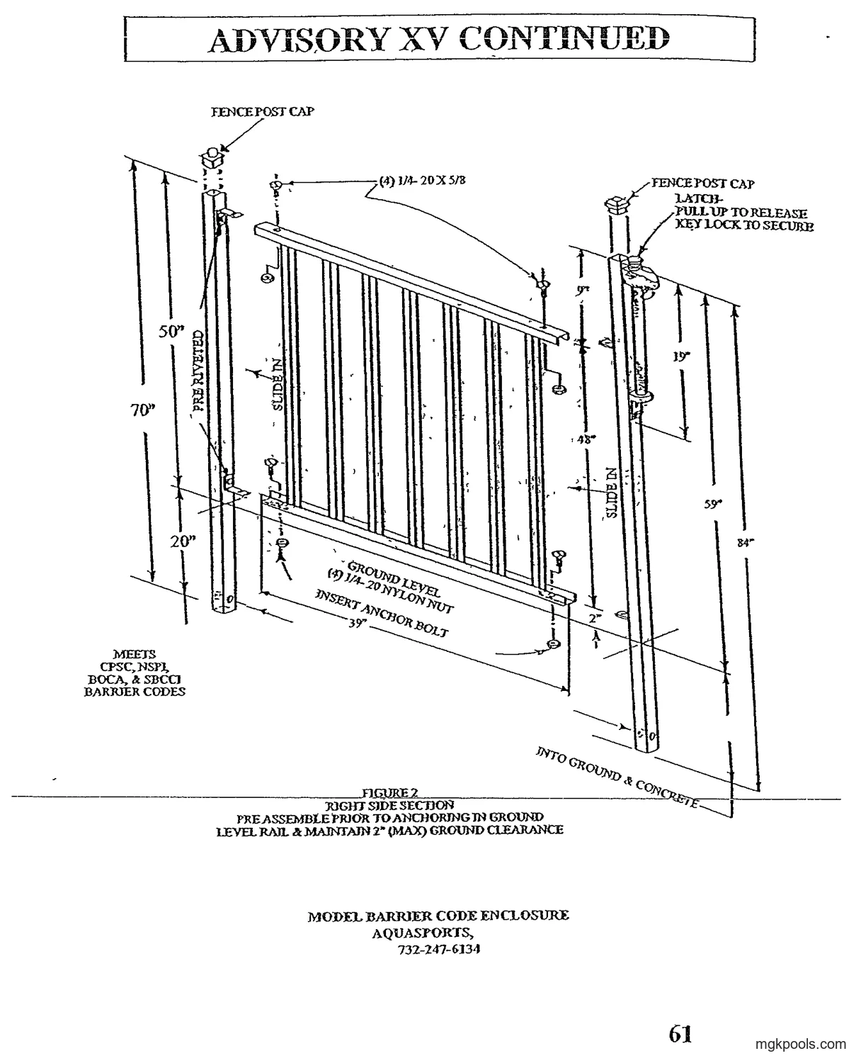 "FIGURE 2 RIGHT SIDE SECTION". Isometric drawing of the gate-side fence section: left post with cap, pickets between top and bottom rails, and a taller right post carrying the key-lock latch; dimension lines for post heights, latch height and depth into the ground.