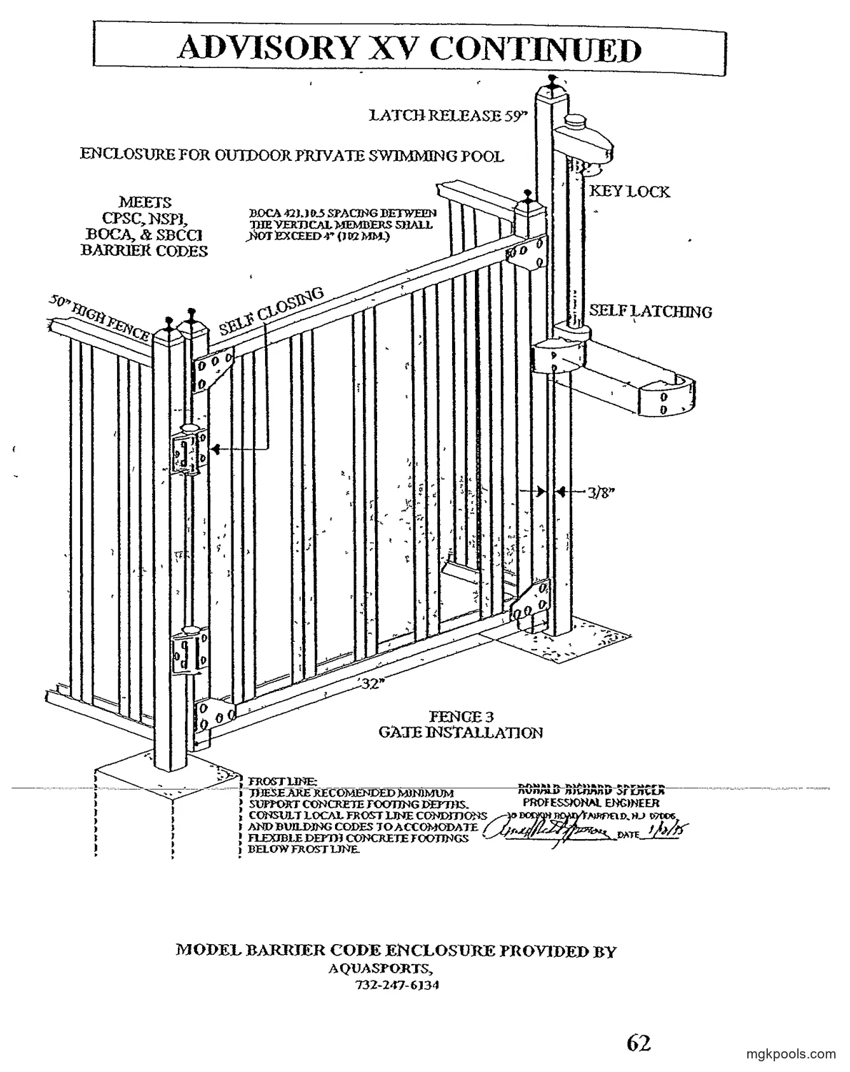 "FENCE 3 GATE INSTALLATION" (printed "FENCE 3" in both scans; this is Figure 3). Isometric drawing of the gate hung between two posts set in concrete footings, with hinges on the left post, a key-lock latch on the right post, the latch arm, picket spacing note, frost-line note and the engineer's stamp and signature at the lower right.