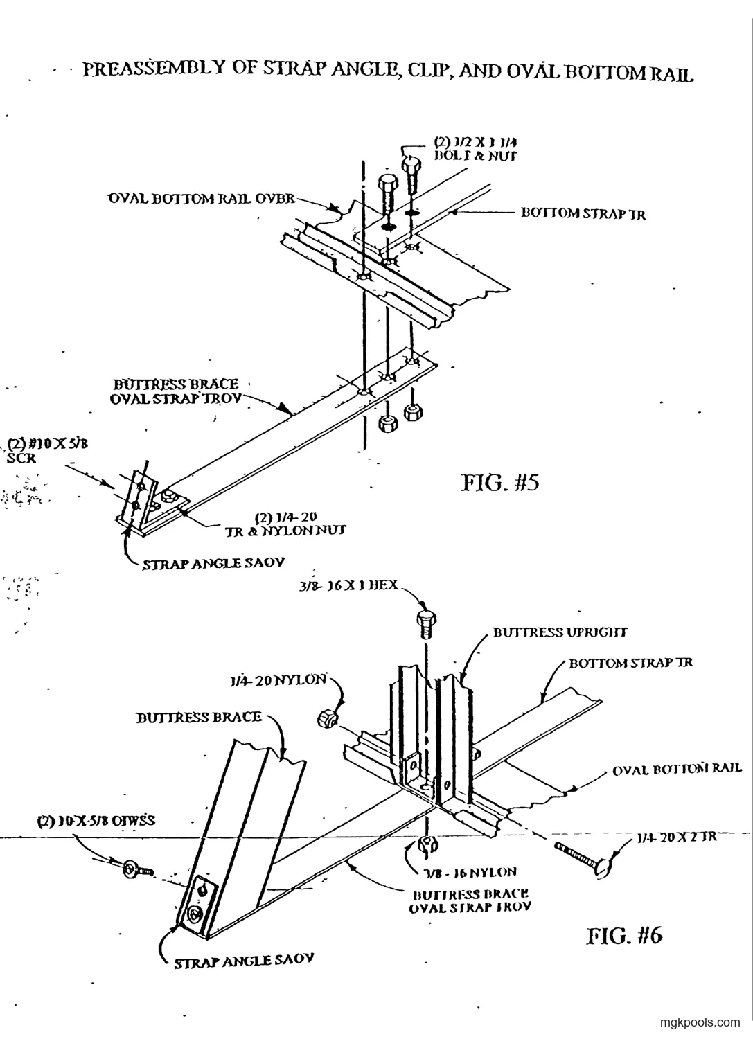 "FIG. #5", exploded view of bottom strap bolted to oval bottom rail, buttress brace oval strap below, strap angle screwed and bolted at the far end