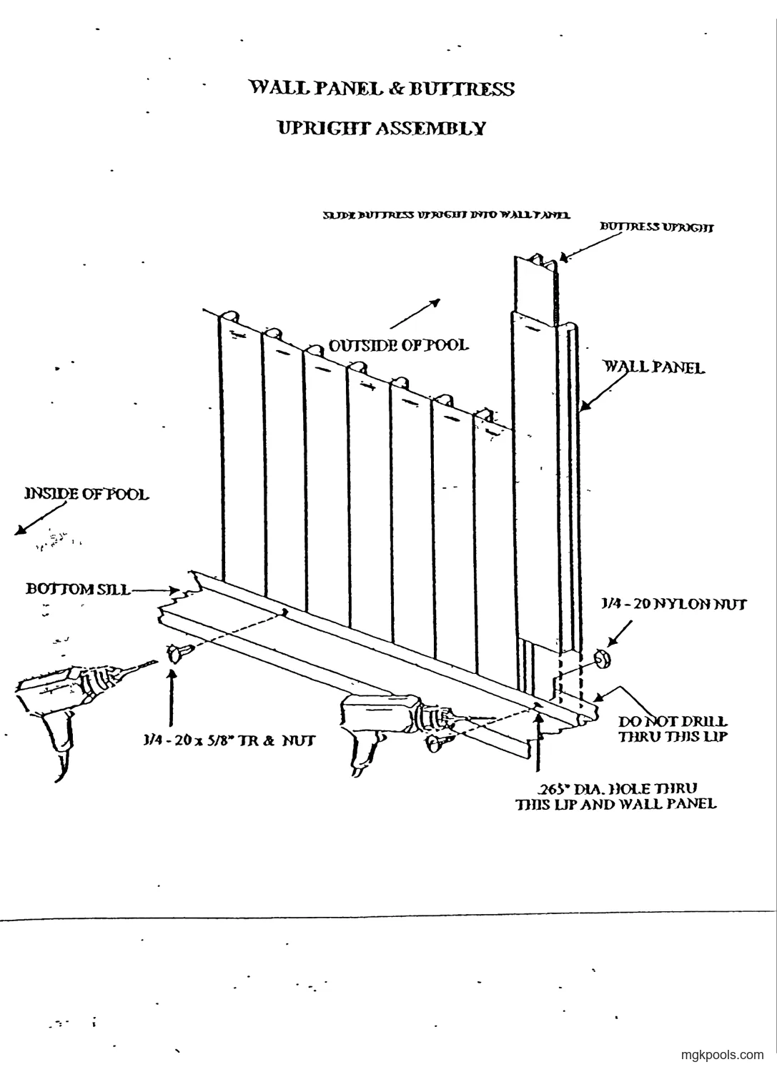Unnumbered figure, wall panel sections on the bottom sill with a buttress upright slid into the panel; two drills shown fastening the panel to the sill lip