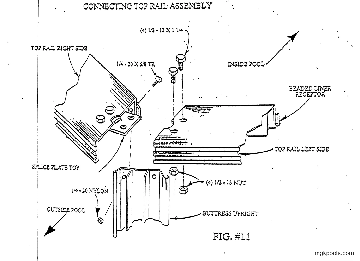 "FIG. # 11", exploded view of top rail left side and right side joined over the buttress upright with the splice plate top
