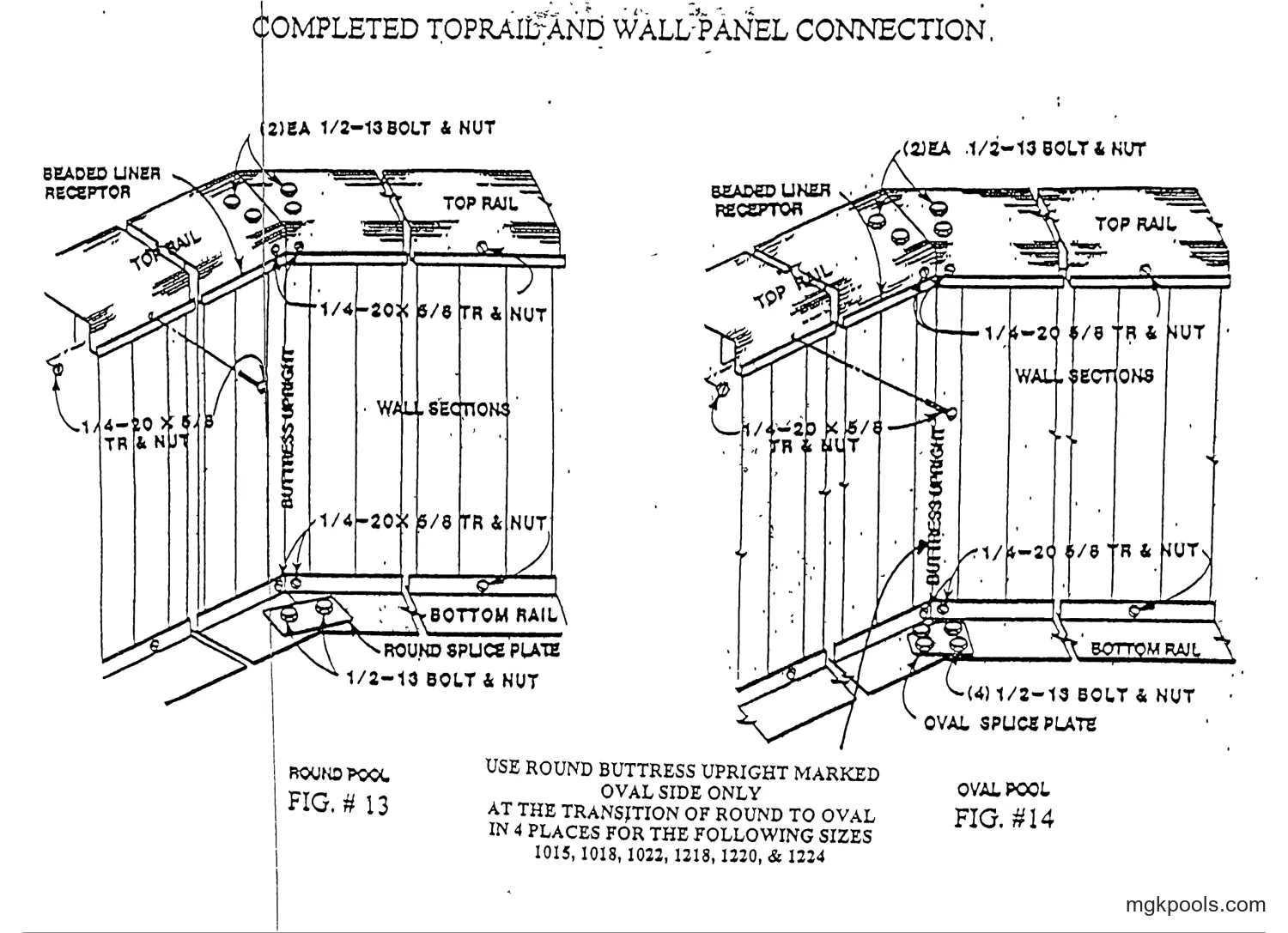 "ROUND POOL FIG. # 13" — exploded drawing of a round-pool buttress upright with top rail, wall sections, bottom rail and round splice plate, with bolt call-outs