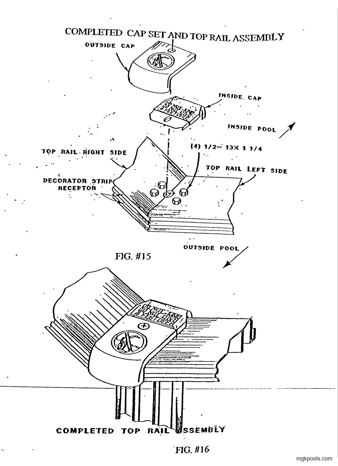 "FIG. #15" — exploded drawing of the outside cap, inside cap and the two top rails meeting over a buttress upright, with the four cap bolts