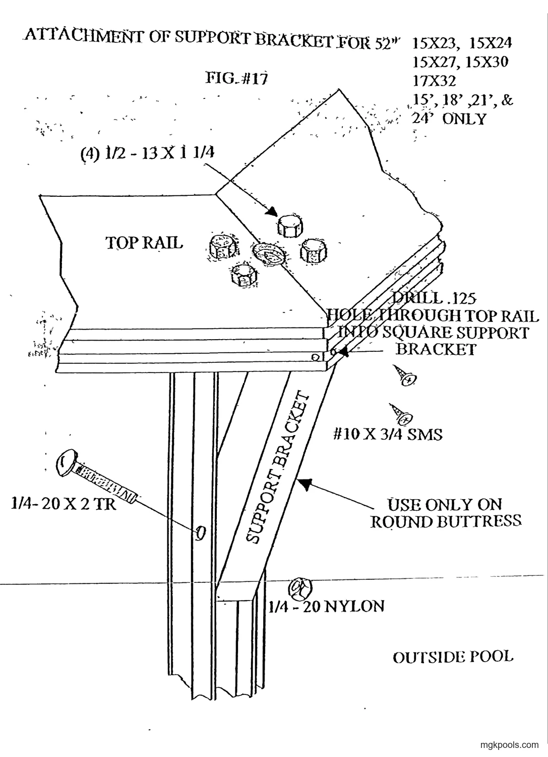 "FIG. #17" — drawing of the top rail over a round buttress upright with the diagonal square support bracket, showing the bolt, screws and nylon nut